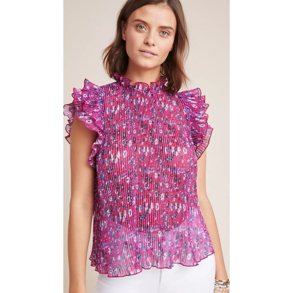 Anthropologie Frieda Pink Floral Chiffon Mock Neck Sleeveless Ruffle Blouse S